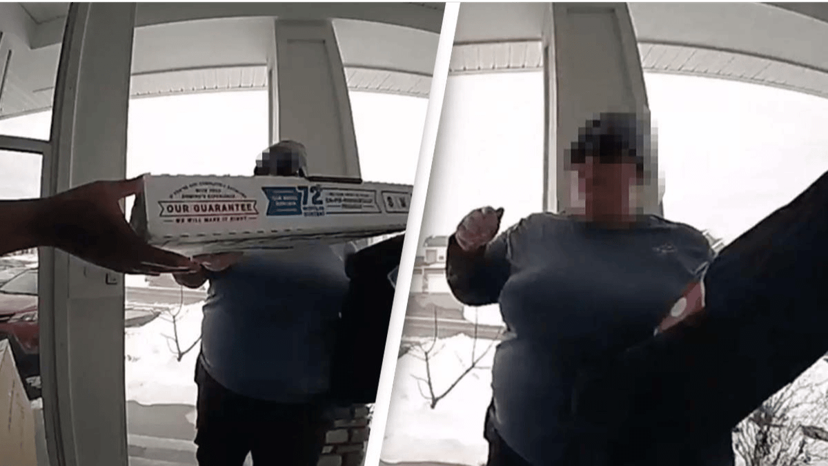 Delivery driver asks customer for tip before handing over pizza and ...