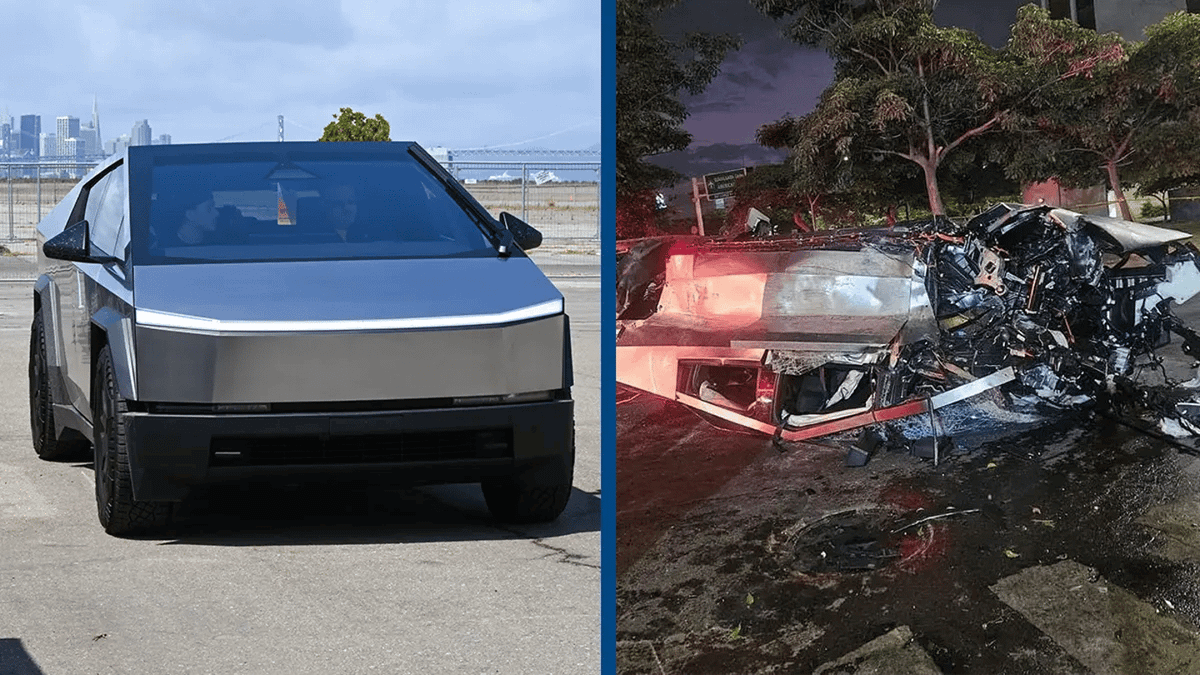 Smashed Tesla Shocking photos of completely wrecked Tesla Cybertruck after crash ...