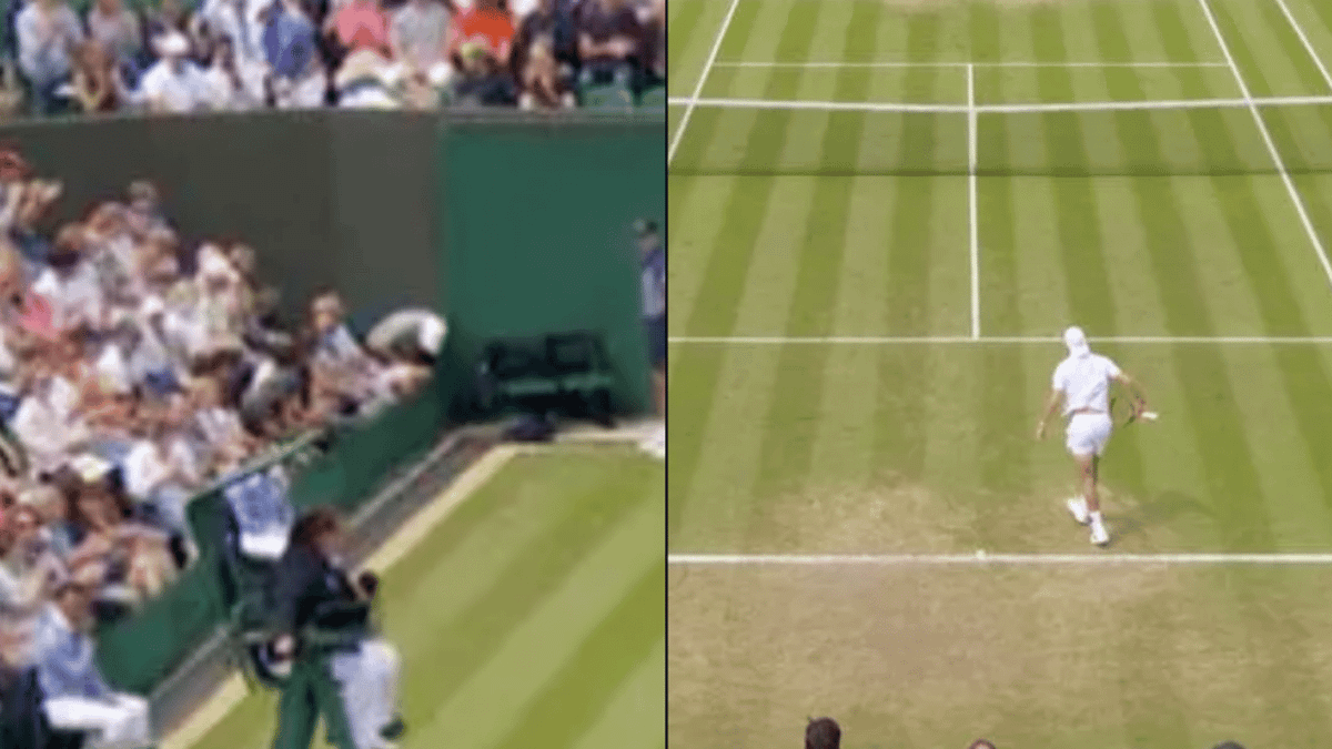 Extremely painful moment bloke in Wimbledon crowd is hit in the crotch ...