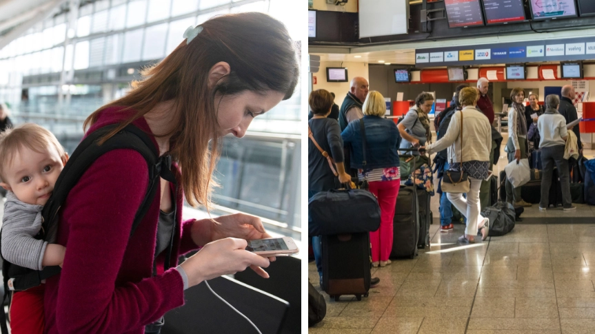 Mum divides opinion after skipping to front of long airport queue with her baby