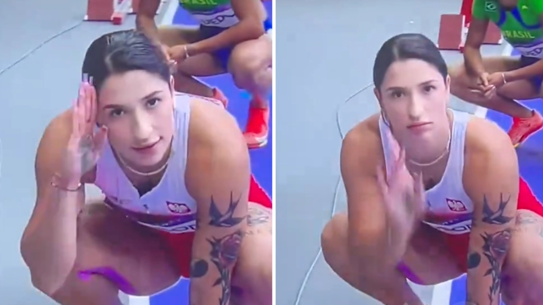 Olympic athlete quickly corrects herself after making gesture to camera