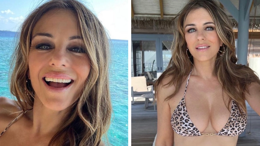 Fans say Elizabeth Hurley, 57, is ‘ageing backwards’ as she poses in animal-print bikini