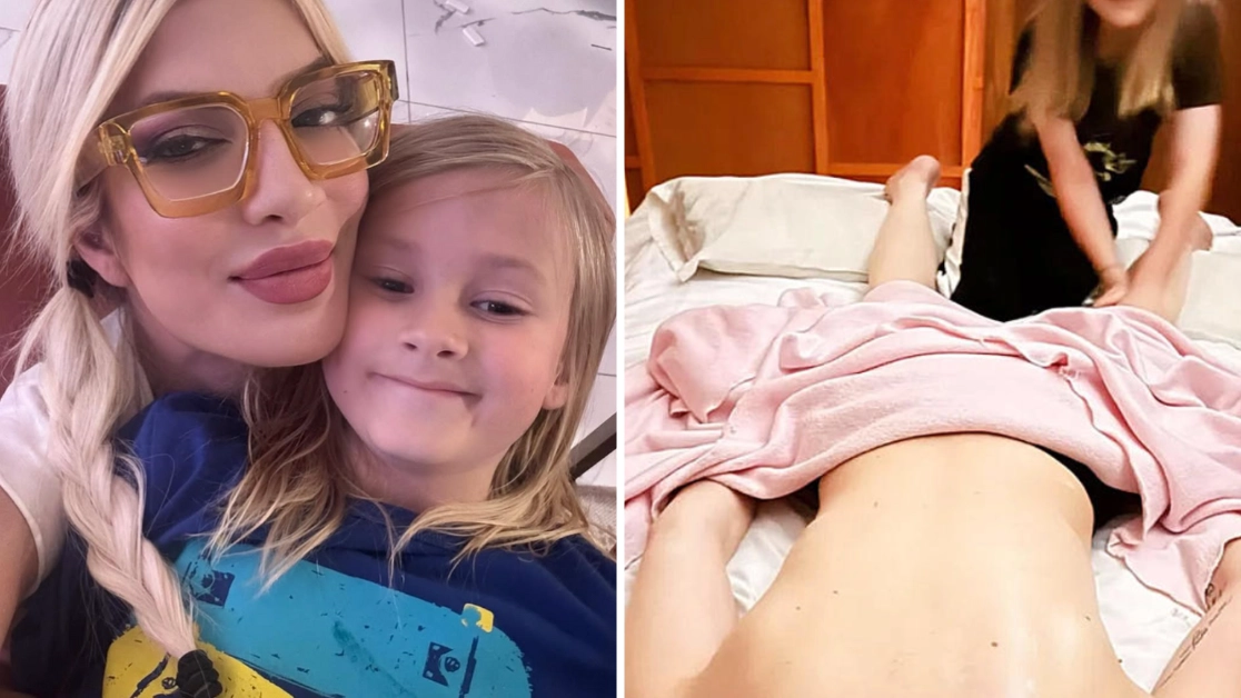 Tori Spelling hits back at critics who shamed her for posting photo with son, 7, giving her a massage
