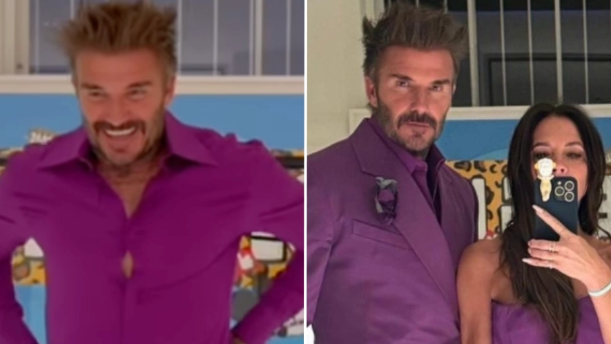 David Beckham has major wardrobe malfunction as he tries to fit into iconic 90s wedding suit
