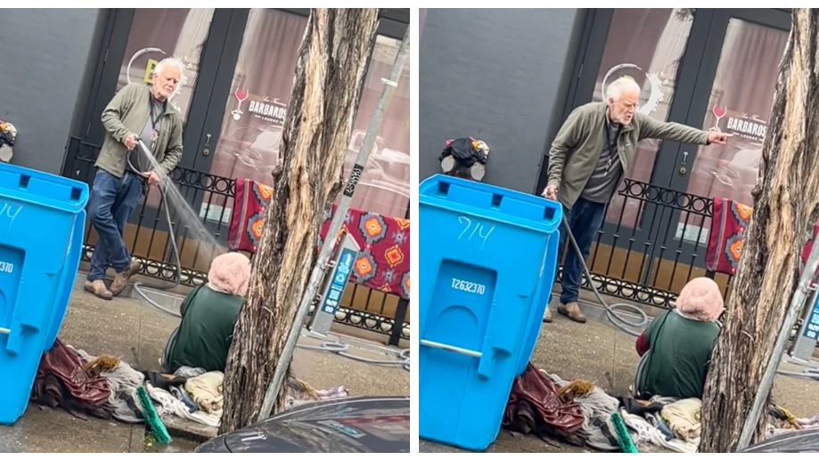 Fury as man blasts homeless woman with water to force her to move