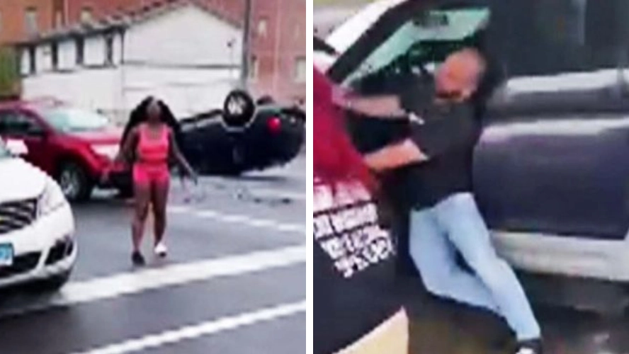 Furious woman drags boyfriend then flips truck during argument