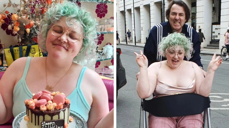 Jonathan Ross pushes daughter Betty Kitten in her wheeled walker as she celebrates 32nd birthday