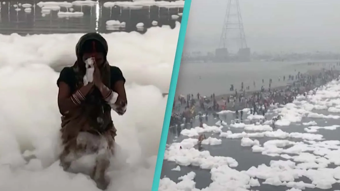 Shocking footage shows thousands of people bathing in 'holy' river polluted by toxic foam
