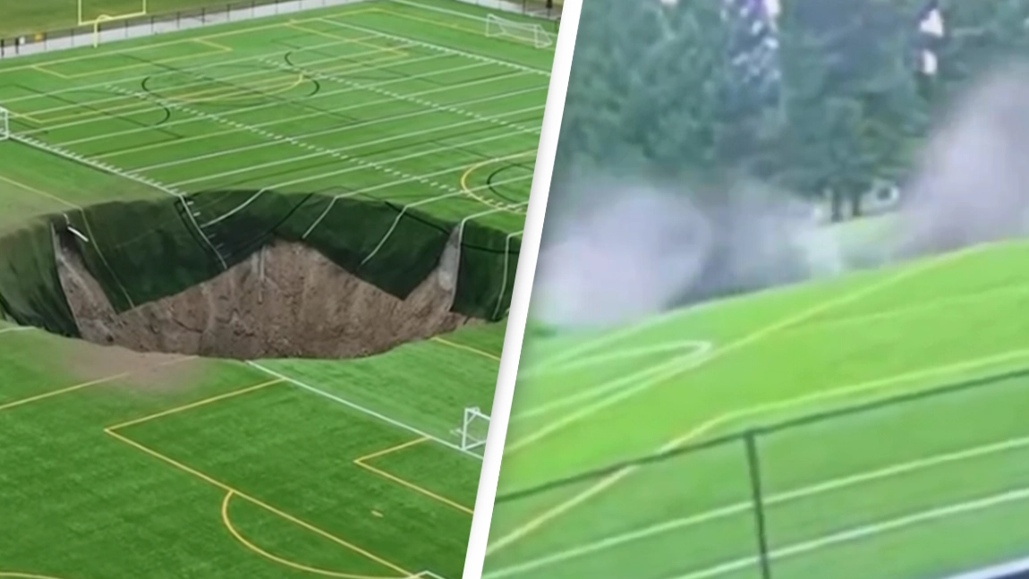 Terrifying video shows 100-foot-wide sinkhole swallowing a soccer field in seconds