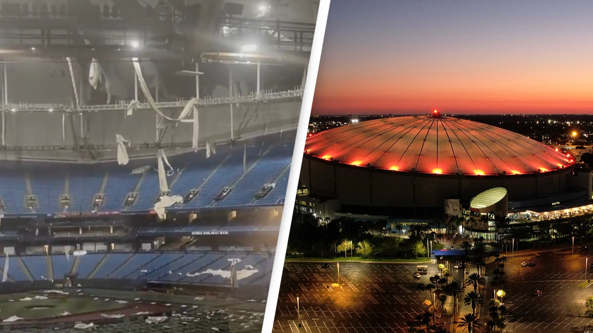 Security guard films inside stadium intended to shelter 10,000 people as roof gets ripped off during Hurricane Milton