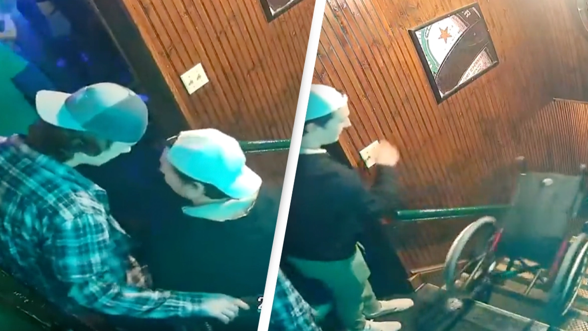 College hockey player caught pushing disabled person's wheelchair down stairs