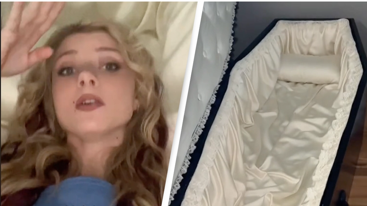 Woman defends sleeping in coffin as she can 'hide away' from all her problems