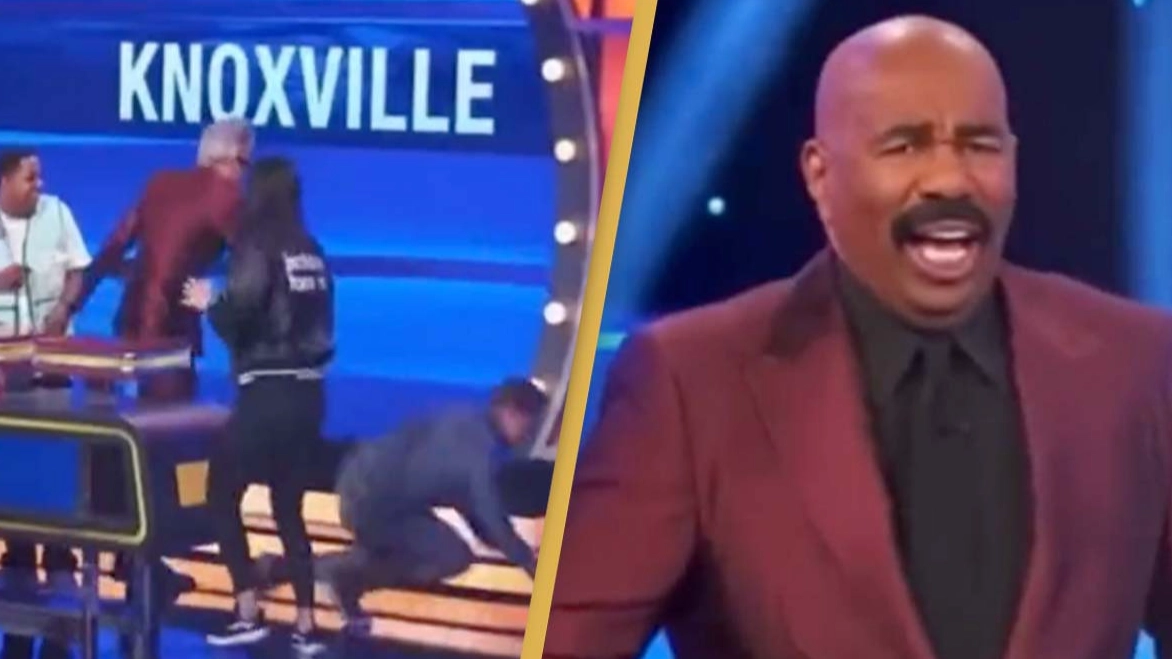Steve Harvey has no idea how to react to Johnny Knoxville’s behaviour on Family Feud