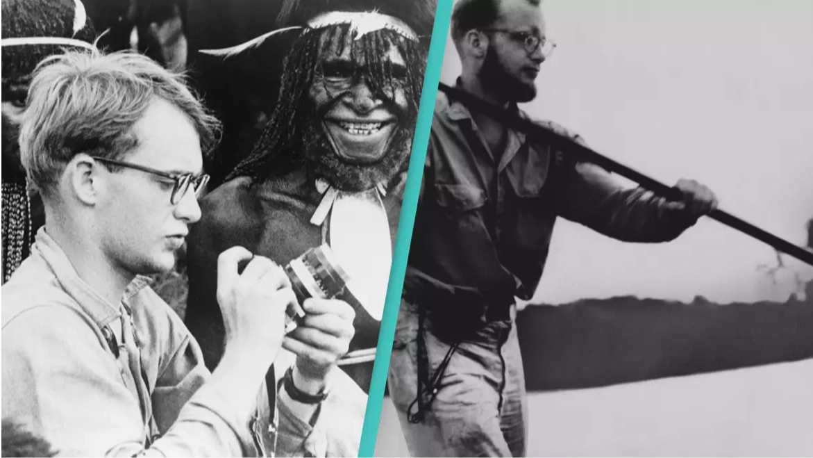 One of the last known photos of Michael Rockefeller with the cannibal peoples believed to have killed him