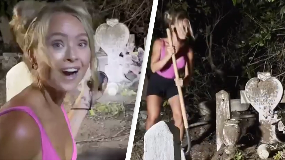 People spot creepy detail as woman films herself cleaning 'dirtiest' grave at night that sparked outrage