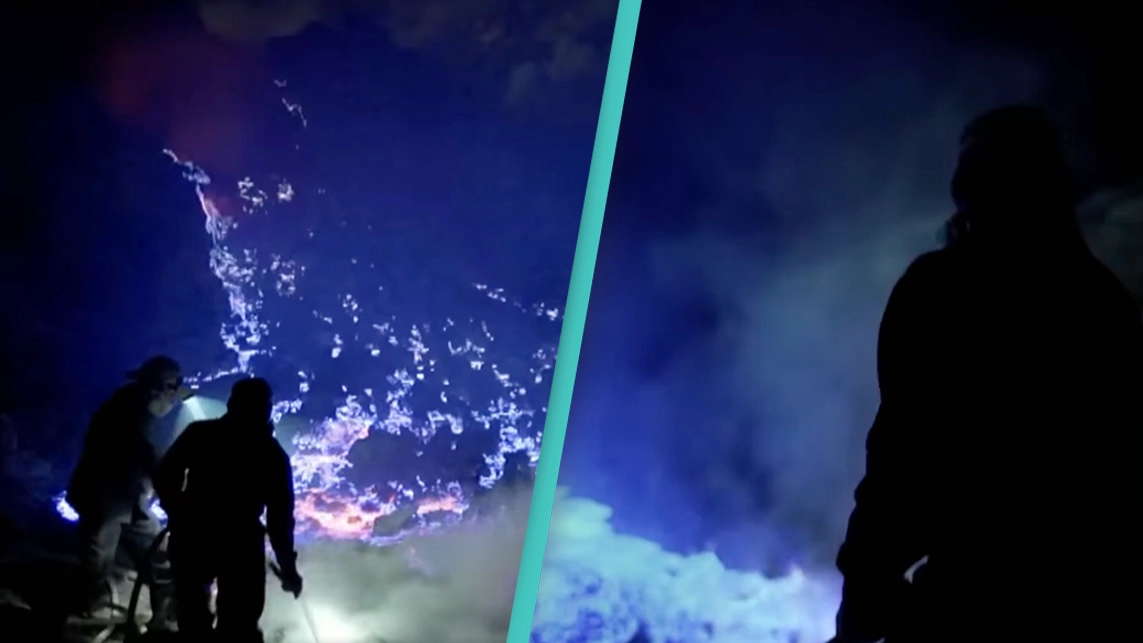 Mind-blowing clip shows man visiting the only volcano in the world with blue lava