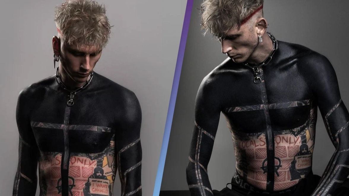 Mind-blowing amount of time it took Machine Gun Kelly to get his shocking new blackout tattoo done
