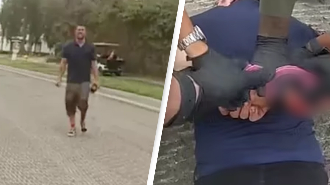 Harrowing footage shows man accused of decapitating parents and dog singing Tina Turner after being shot by police