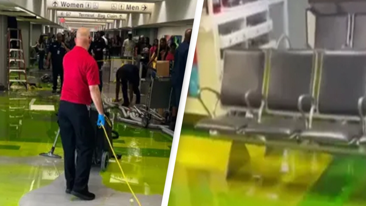 Strange green liquid oozes from airport ceiling and drenches terminals