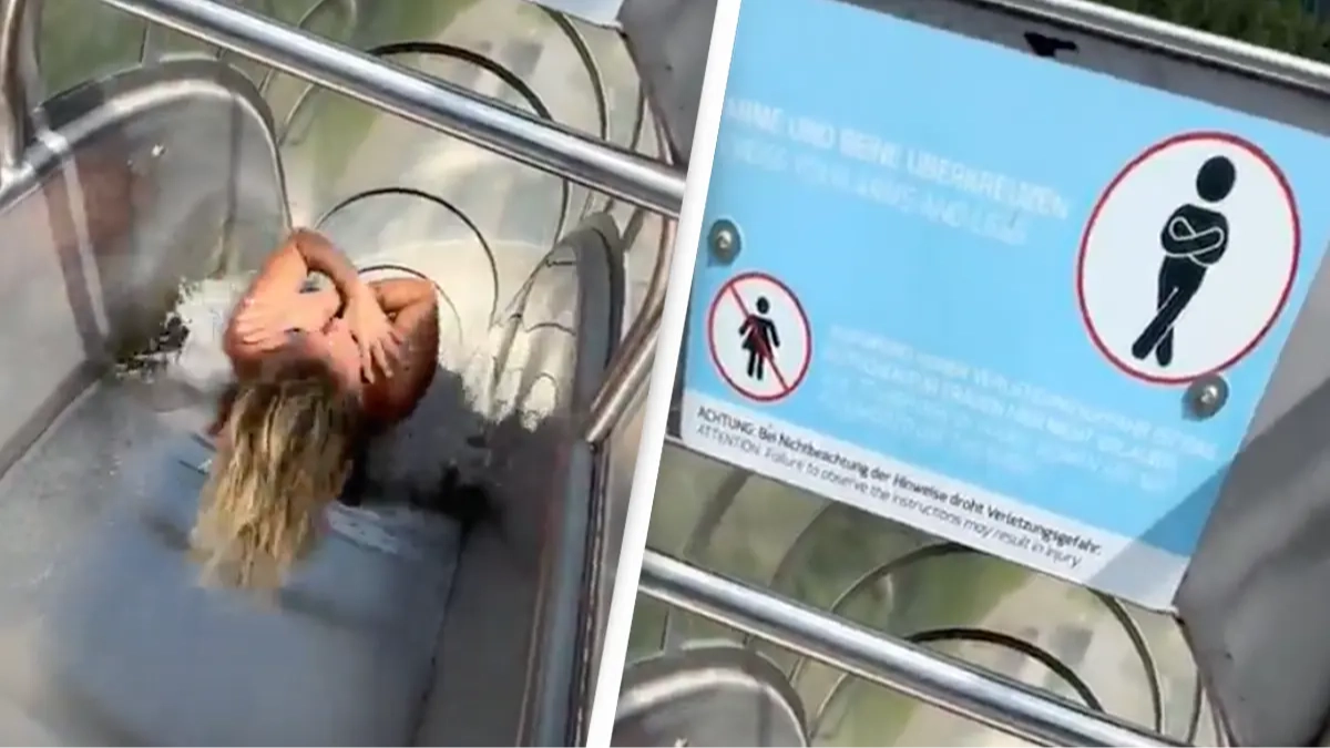 People urged not to copy world champion diver who ignored ‘no women’ sign on waterslide