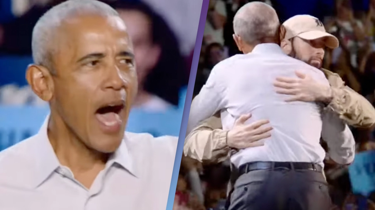 Crowd loses it as Barack Obama raps to Eminem's 'Lose Yourself' after being introduced by rapper at rally