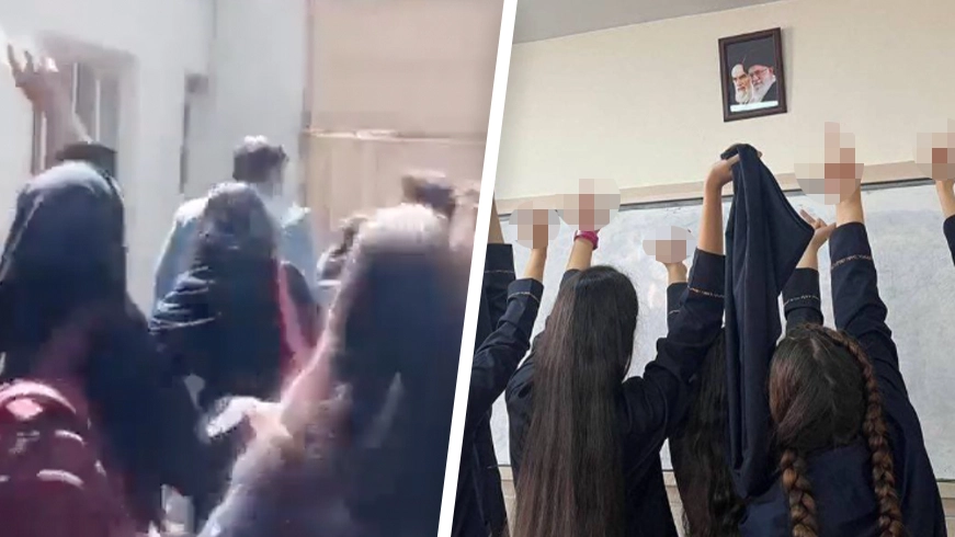 Iranian schoolgirls give the middle finger to the country's leaders as they remove their hijabs