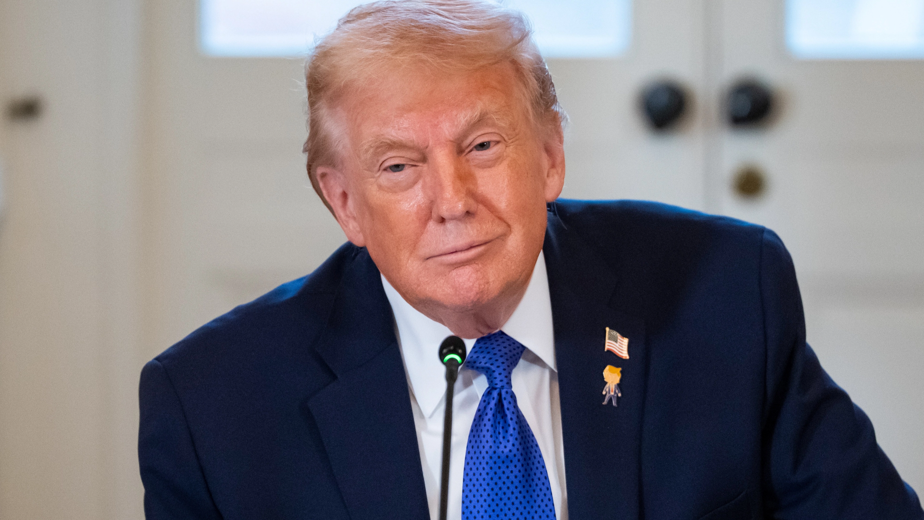 Donald Trump addresses reason behind wearing cartoon pin of himself to key meeting