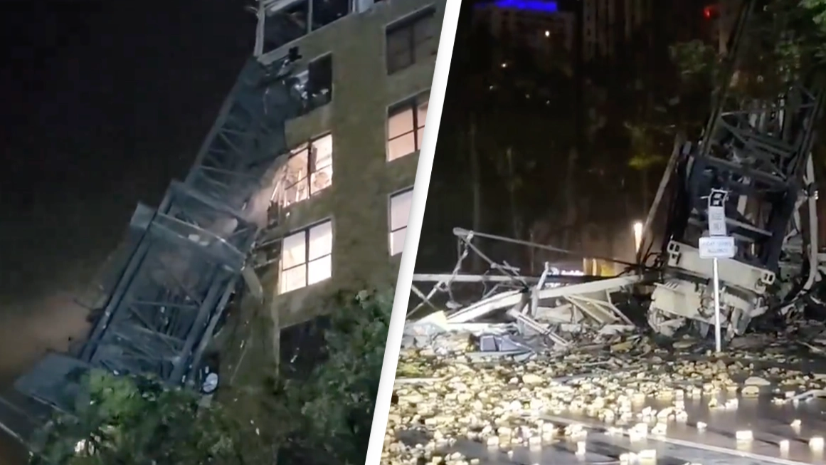 Horrific moment construction crane falls during Hurricane Milton and 'obliterates' building