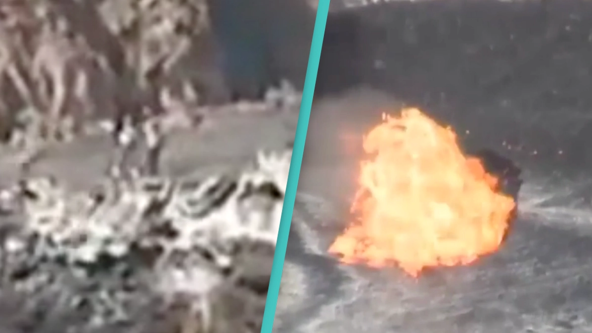 Unbelievable moment man awakens a volcano after throwing something in