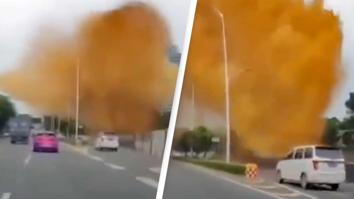 Horrific moment sewer pipe bursts causing 'poo-cano' to rain down on motorists