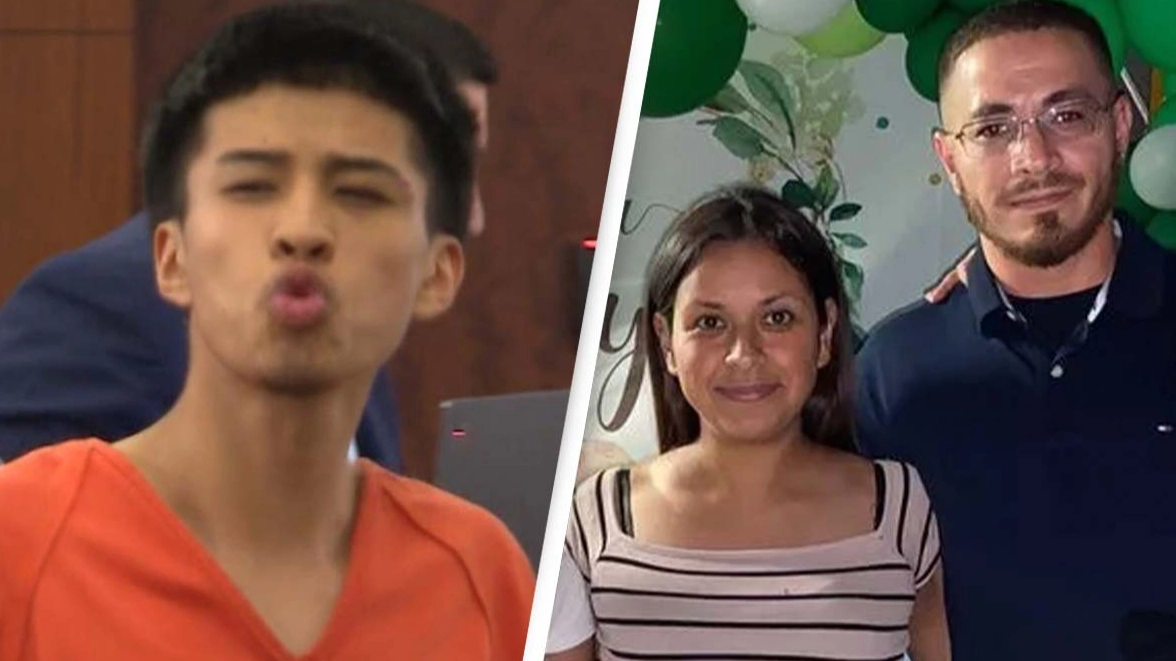 Teen who's charged with murdering his ex-girlfriend's stepdad blows kisses in court as victim’s family watch on