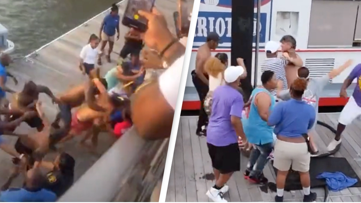 Huge brawl breaks out on dock with dozens of people joining in chaotic fight