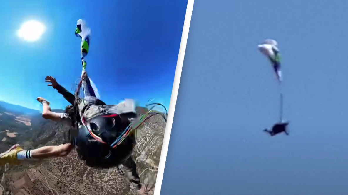 Paraglider captures exact moment he was 'one second' away from death as he gets tangled in parachute