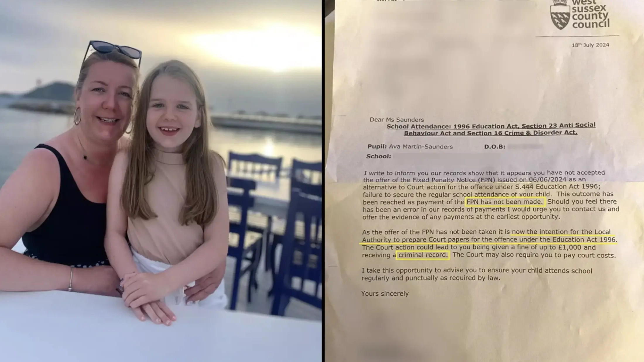 Letter council sent mum facing criminal record for taking daughter on holiday during school term time