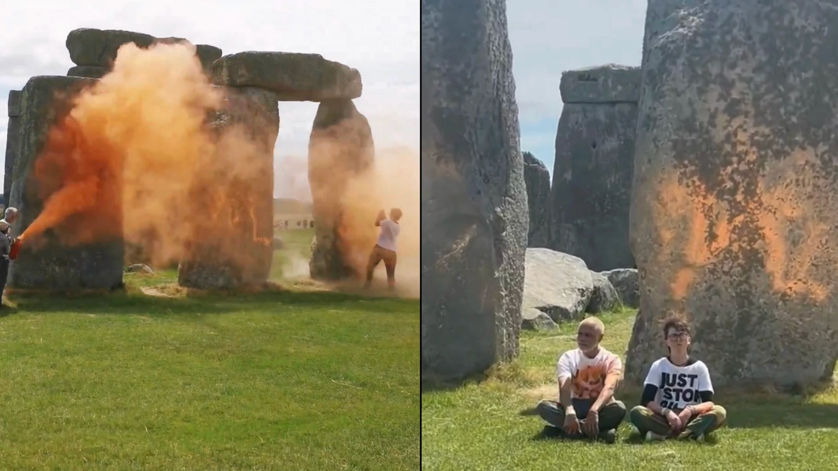 Shocking scenes as Just Stop Oil Protestors vandalise Stonehenge with orange spray paint