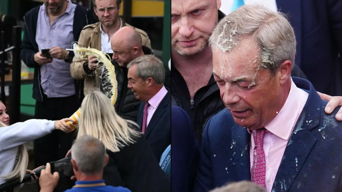 Two people arrested after milkshake thrown at Nigel Farage outside pub