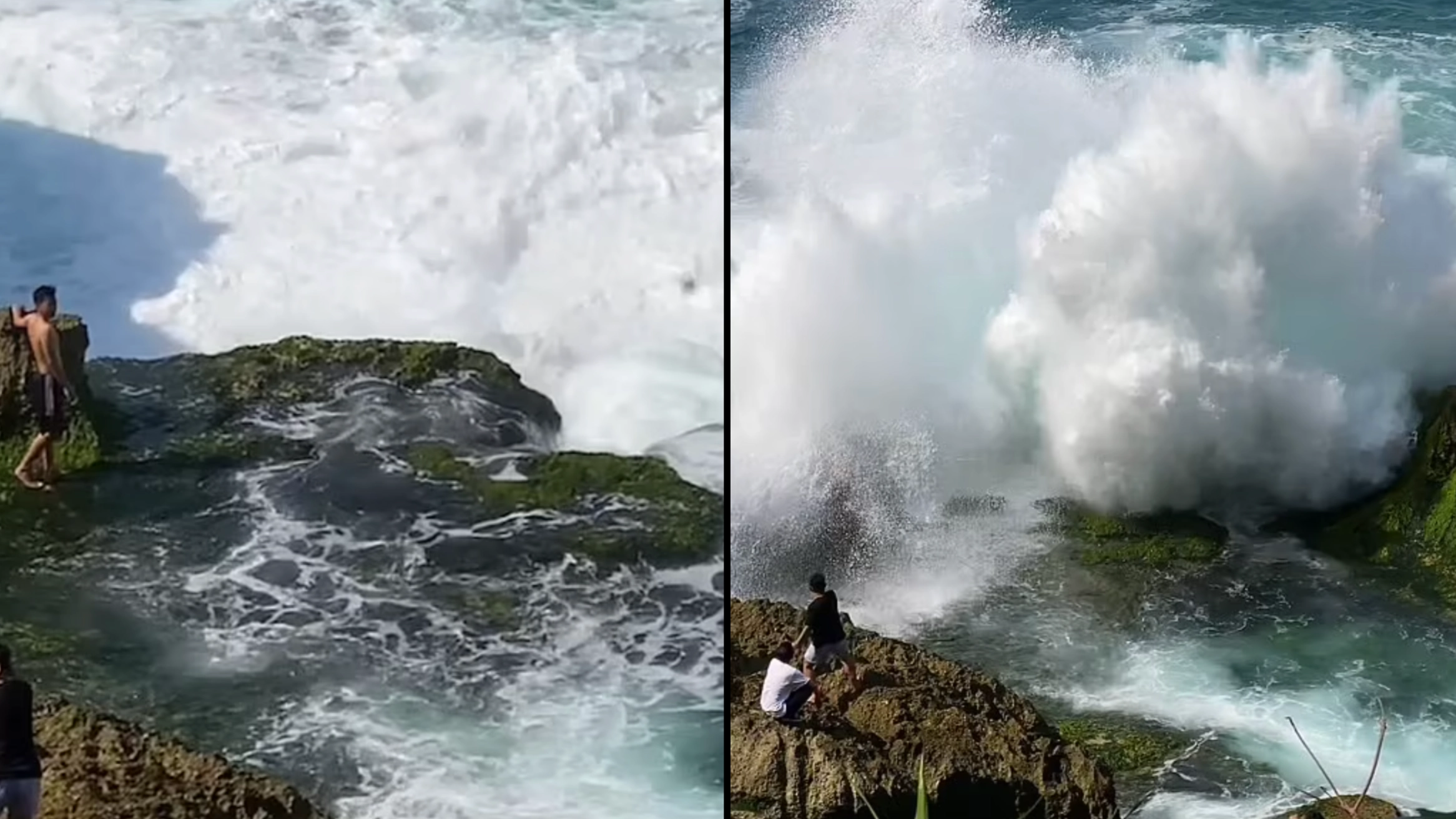 Terrifying moment tourist is swept away out to sea by huge wave while posing for photo