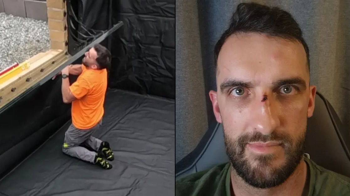 Terrifying moment man is almost beheaded with 28-stone glass after panel falls onto him