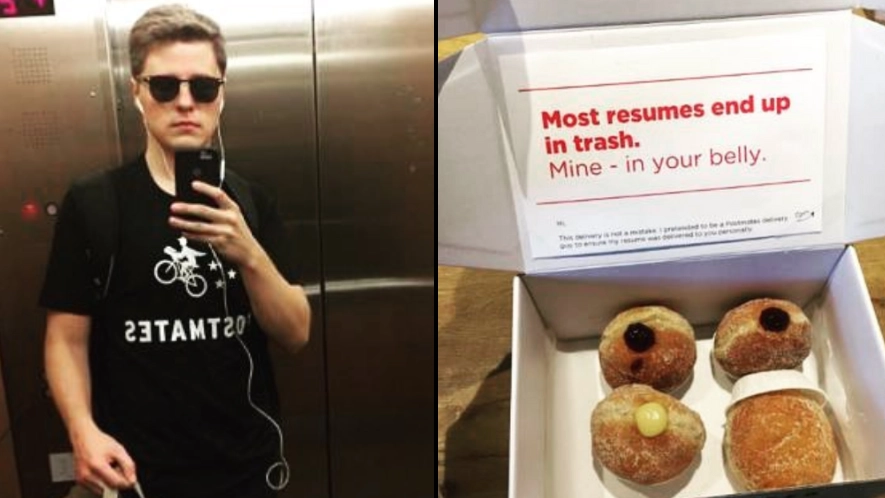 Man dressed as delivery driver and disguised CV as box of doughnuts as way to hand it out