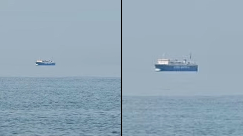 Massive ship appears to be floating above sea in bizarre optical illusion