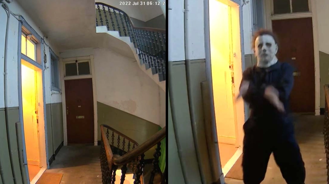Woman captures terrifying footage of neighbour after he 'carves x on her door'