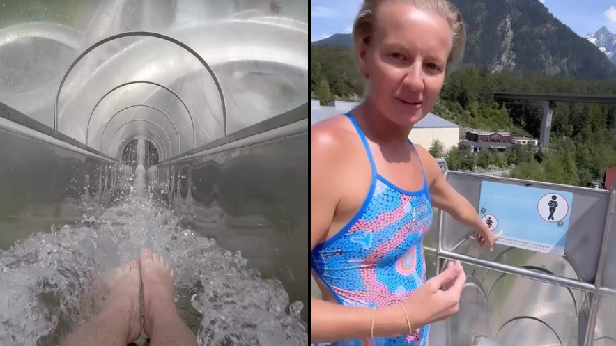 Video shows extreme water slide with 'no women' sign on that world champion diver ignored