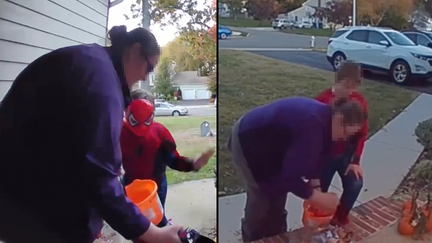 Doorbell footage captures woman taking all sweets and then blames it on son when caught