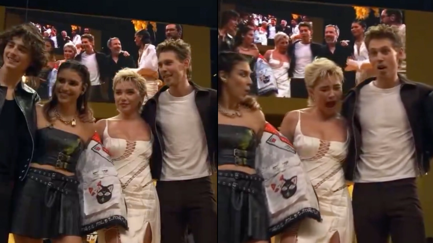 Florence Pugh gets hit in the face by object while on stage with Dune 2 cast mates