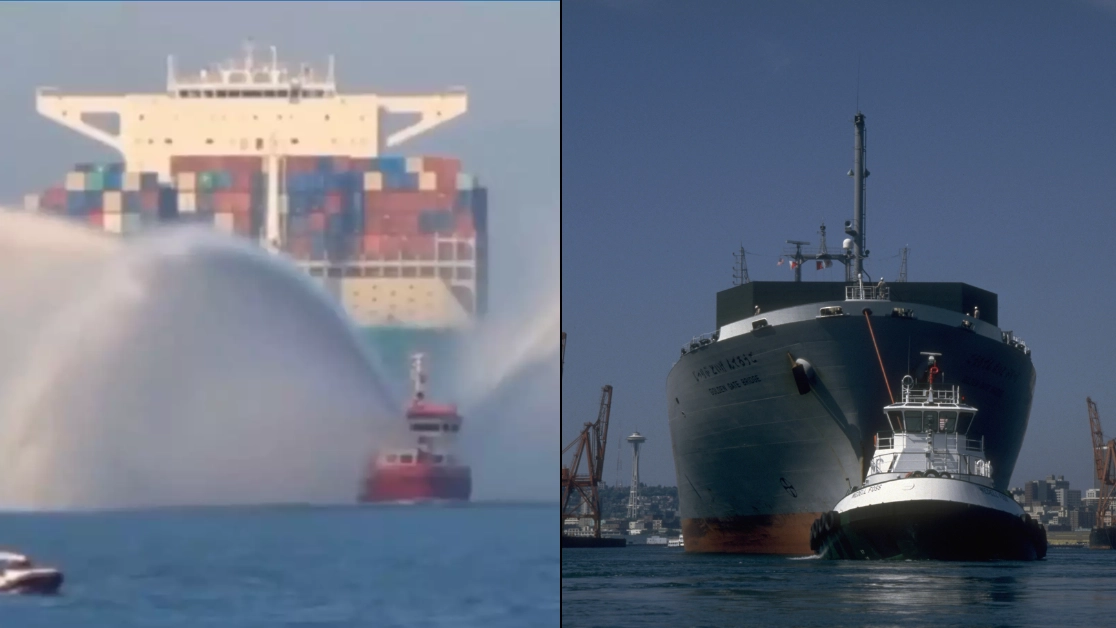 Reason tug boats spray water into the air when towing ship has left people shocked