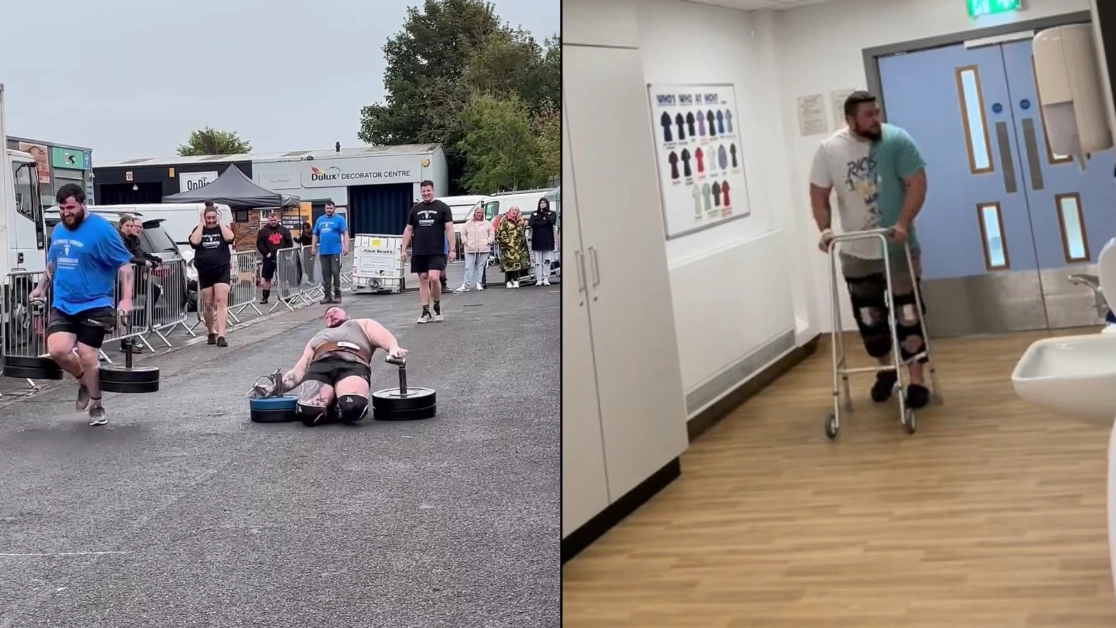 Strongman gives update from hospital after snapping both tendons causing kneecaps to 'shoot up into his thighs'