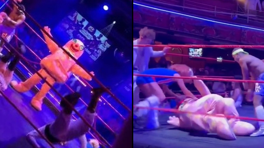 Mr Blobby makes wrestling return and gets smashed up in the ring during royal rumble