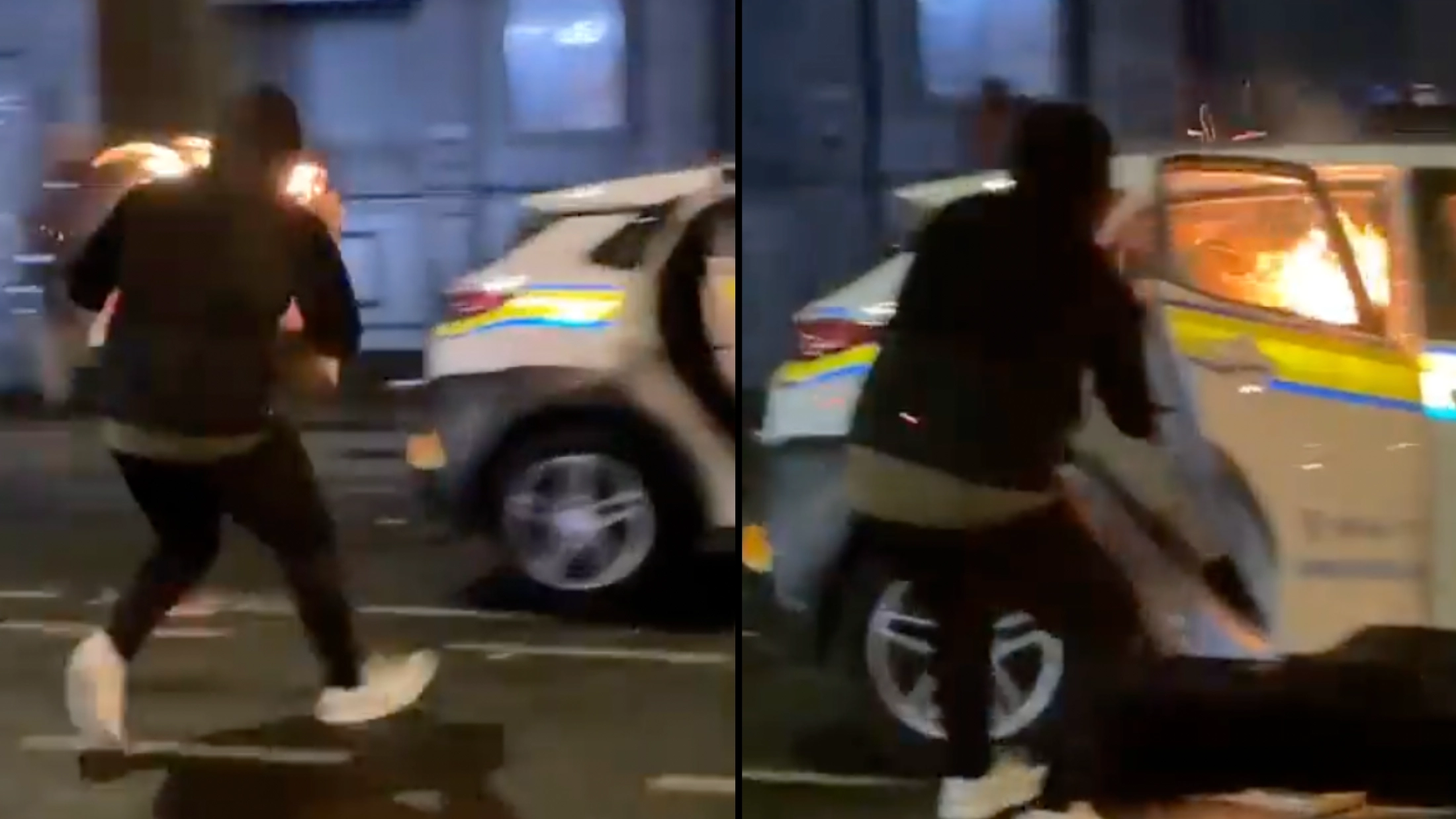 Box on fire thrown into police car during Dublin riots