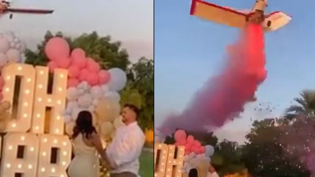 Terrifying moment caught on footage during a baby gender reveal party seconds before disaster struck