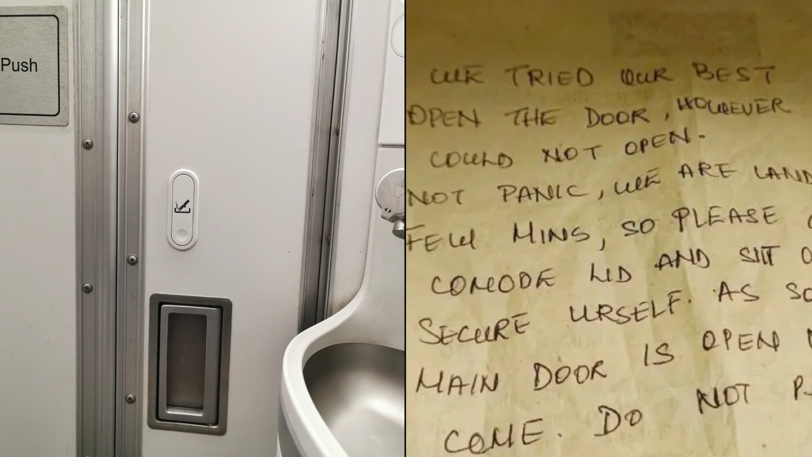 Passenger trapped in plane toilet for entire flight gets note slid under door half way through